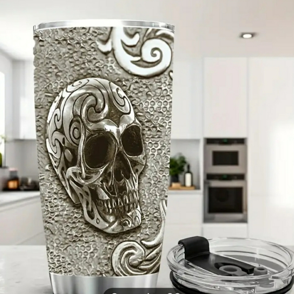 STAINLESS STEEL inside double wall TUMBLER Skull design w/ fr🎁 Glass Straw